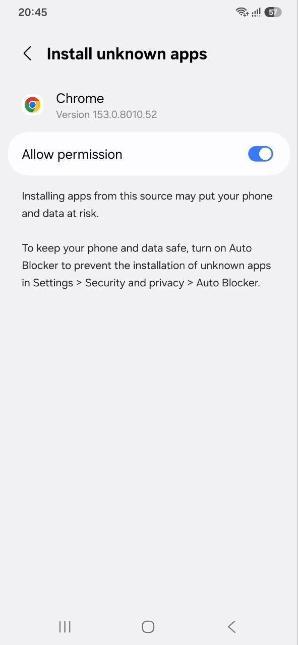 Samsung Install unknown apps screen with Allow permission turned on for Chrome
