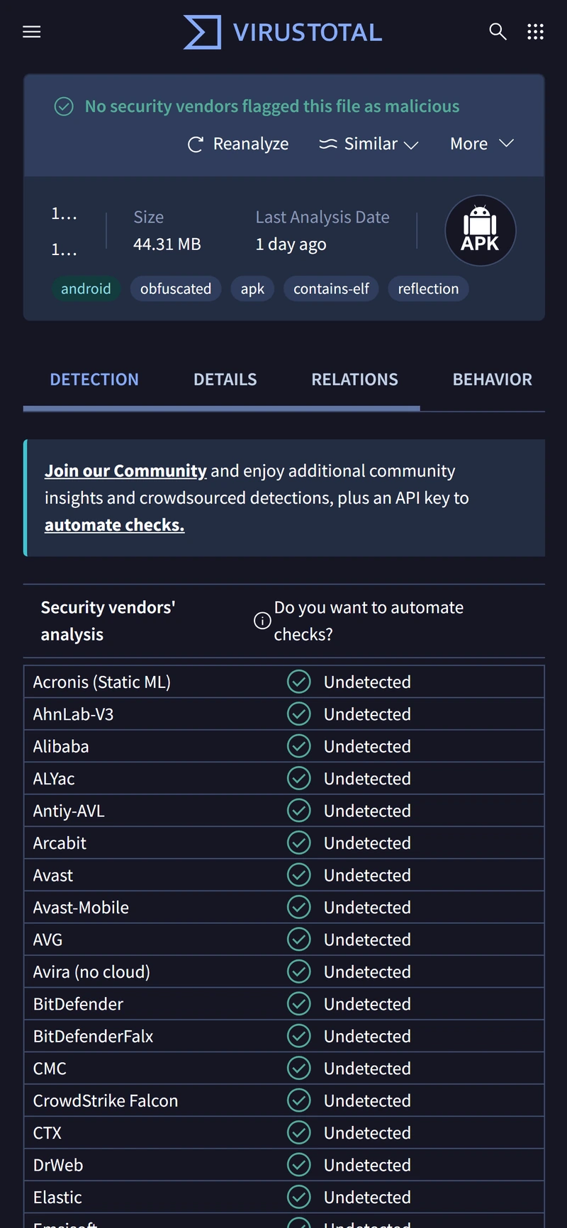 VirusTotal report for the 1xBet APK showing that no security vendors flagged the file