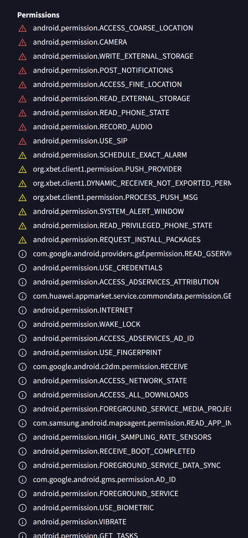 VirusTotal list of permissions declared in the 1xBet APK, including location, camera, notifications, and install packages