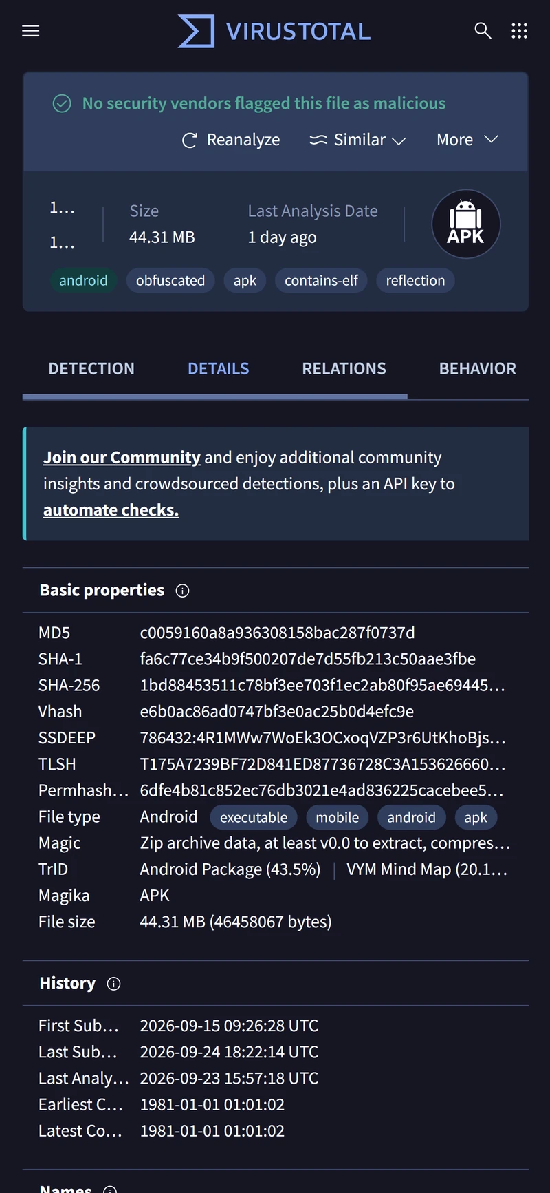 VirusTotal details for the 1xBet APK with the SHA-256 hash and a file size of 44.31 MB