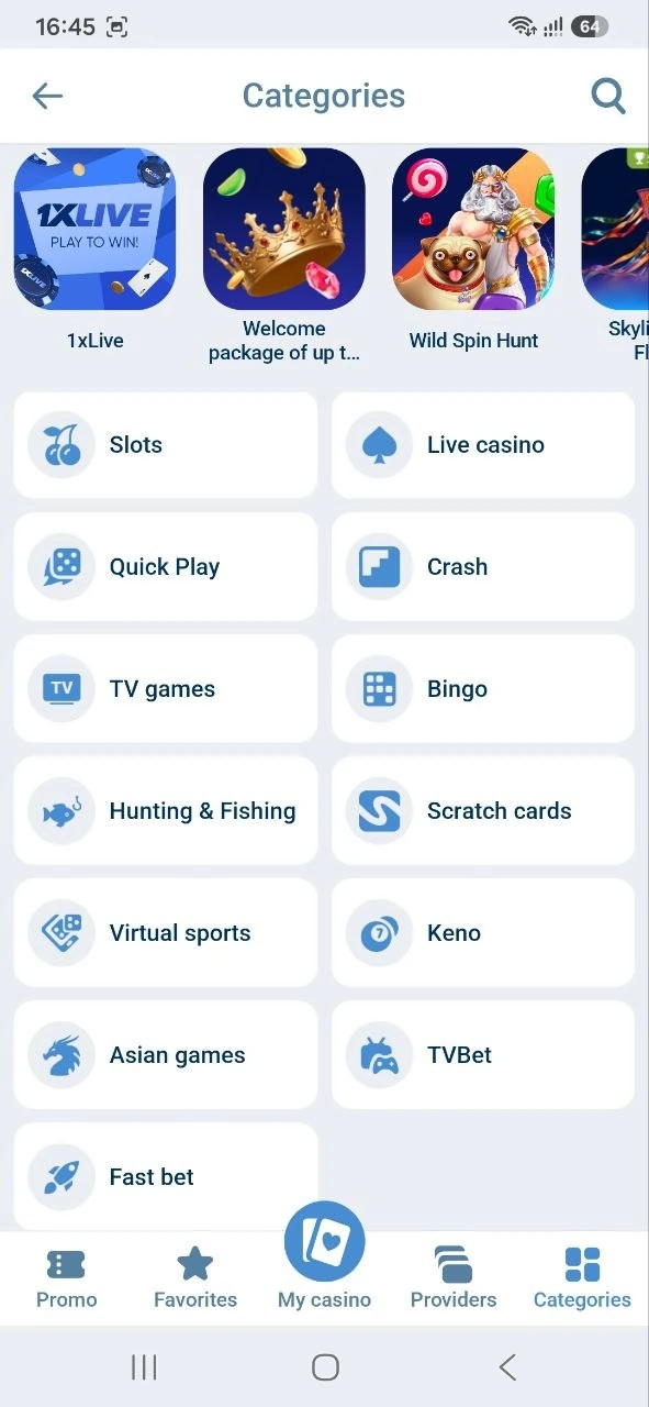 1xBet casino categories in the app: slots, live casino, crash, hunting and fishing, virtual sports, and Asian games