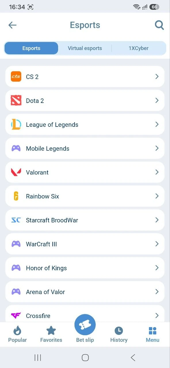 List of esports disciplines in the 1xBet app, including Mobile Legends, Valorant, and Honor of Kings