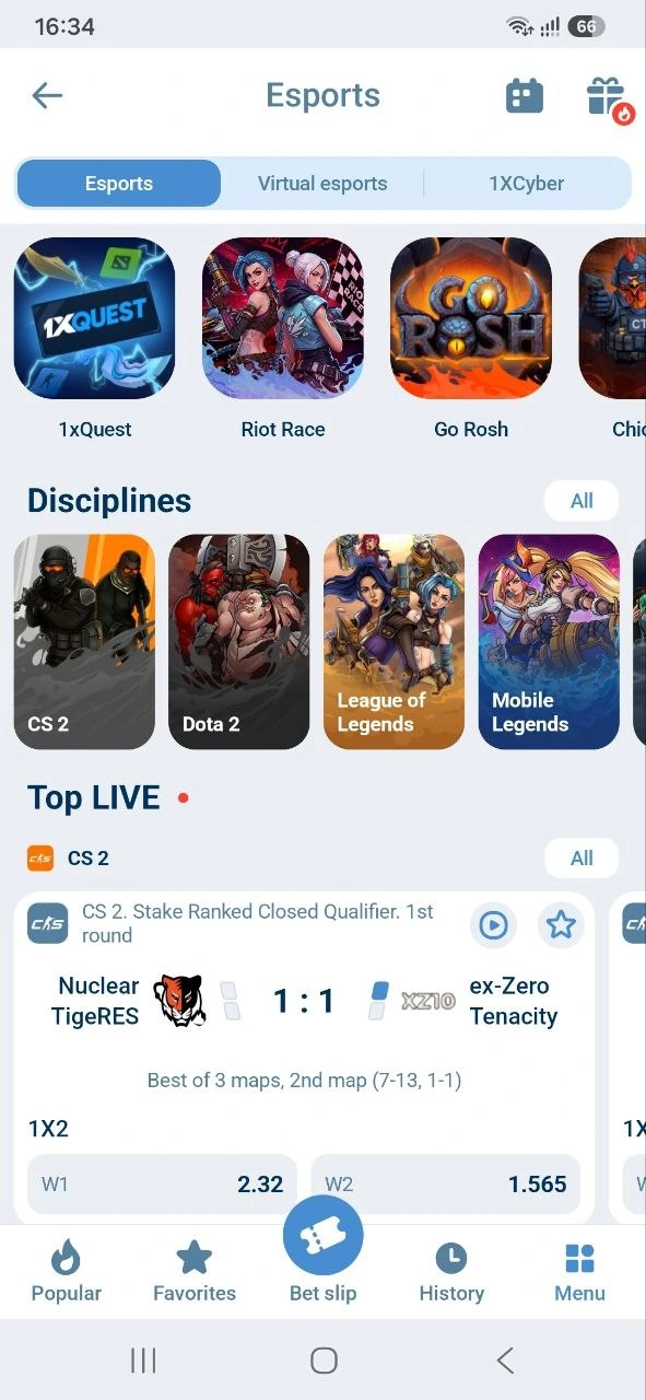 1xBet app esports section with CS 2, Dota 2, League of Legends, and Mobile Legends