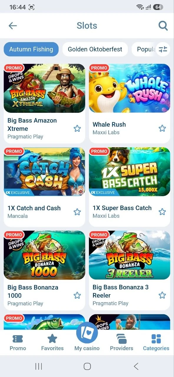 Fishing-themed slots in the 1xBet casino app, including Big Bass Amazon Xtreme and 1X Catch and Cash