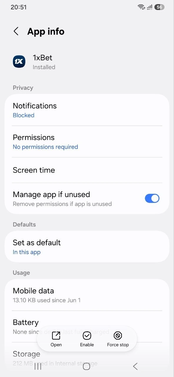 Samsung App info screen for 1xBet showing No permissions required and notifications blocked