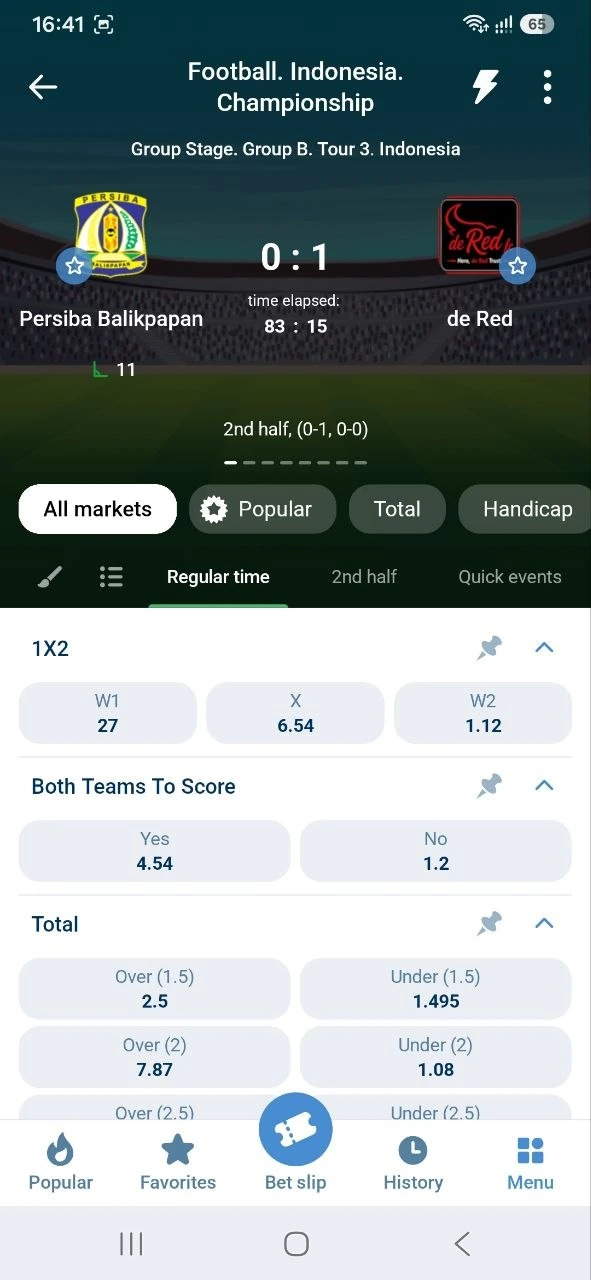 Live Indonesian football match in the 1xBet app with 1X2, Both Teams To Score, and Total markets