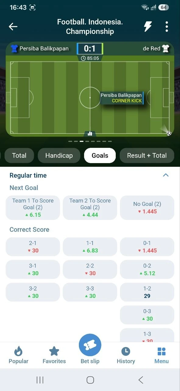 1xBet app live match tracker showing a corner kick while odds move up and down