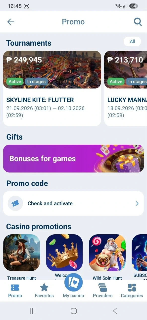 1xBet app Promo tab with casino tournaments in Philippine pesos and a promo code field