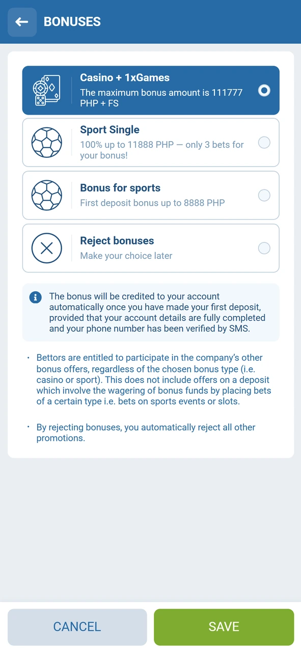 1xBet app Bonuses screen with Casino + 1xGames, Sport Single, and first deposit sports bonus options in Philippine pesos