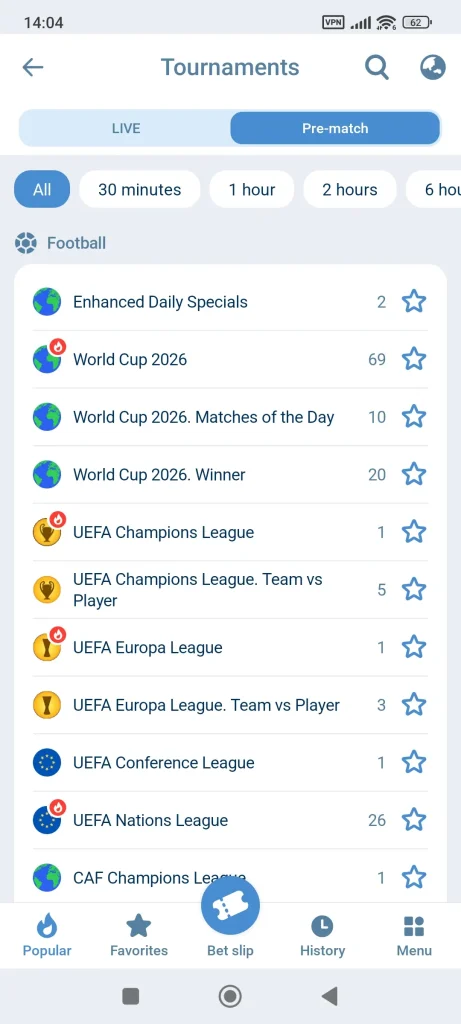 1xBet sports betting markets on Android