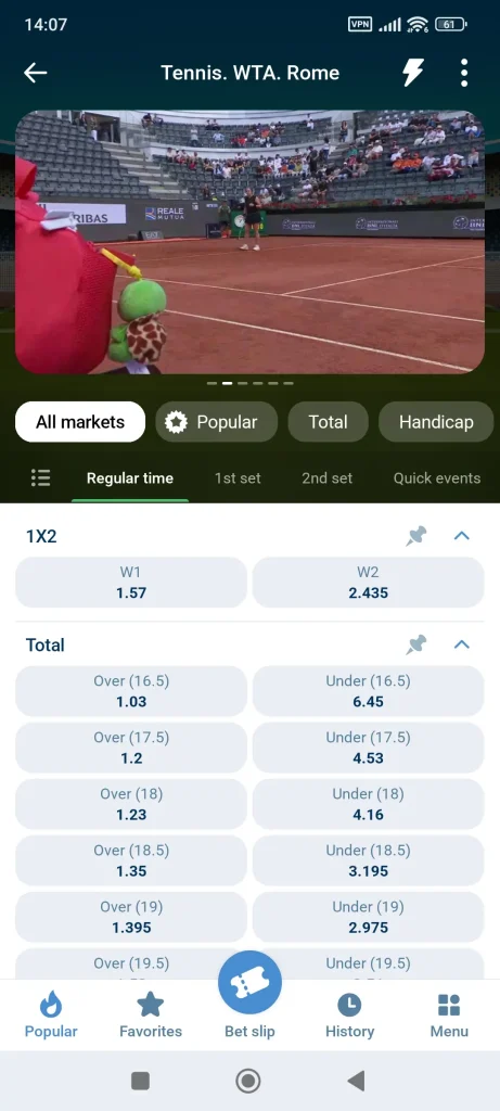 1xBet live betting odds in Android app