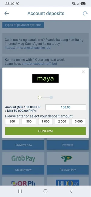 1xBet app Maya deposit screen with preset PHP amount options