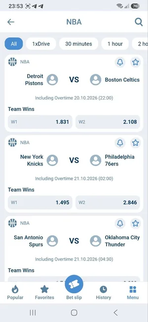 1xBet app NBA matches list with team win odds for Pistons vs Celtics and other games