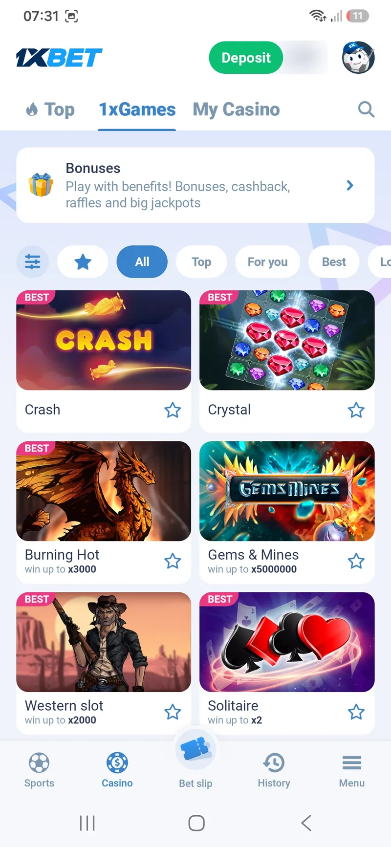 1xGames tab in the 1xBet Lite casino with Crash, Crystal, Burning Hot, Gems and Mines, Western slot and Solitaire tiles