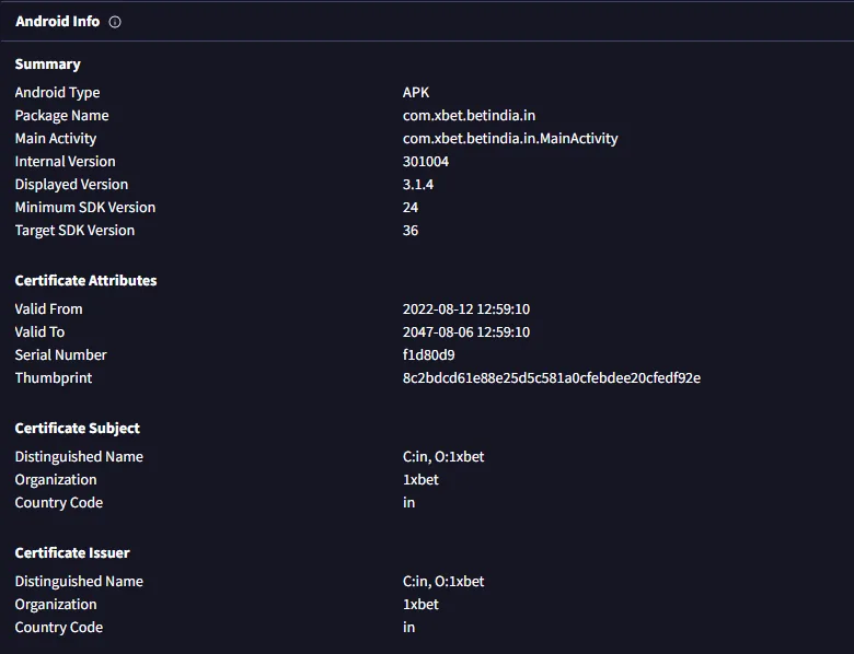 VirusTotal Android Info for the 1xBet Lite APK: package com.xbet.betindia.in, version 3.1.4, minimum SDK 24