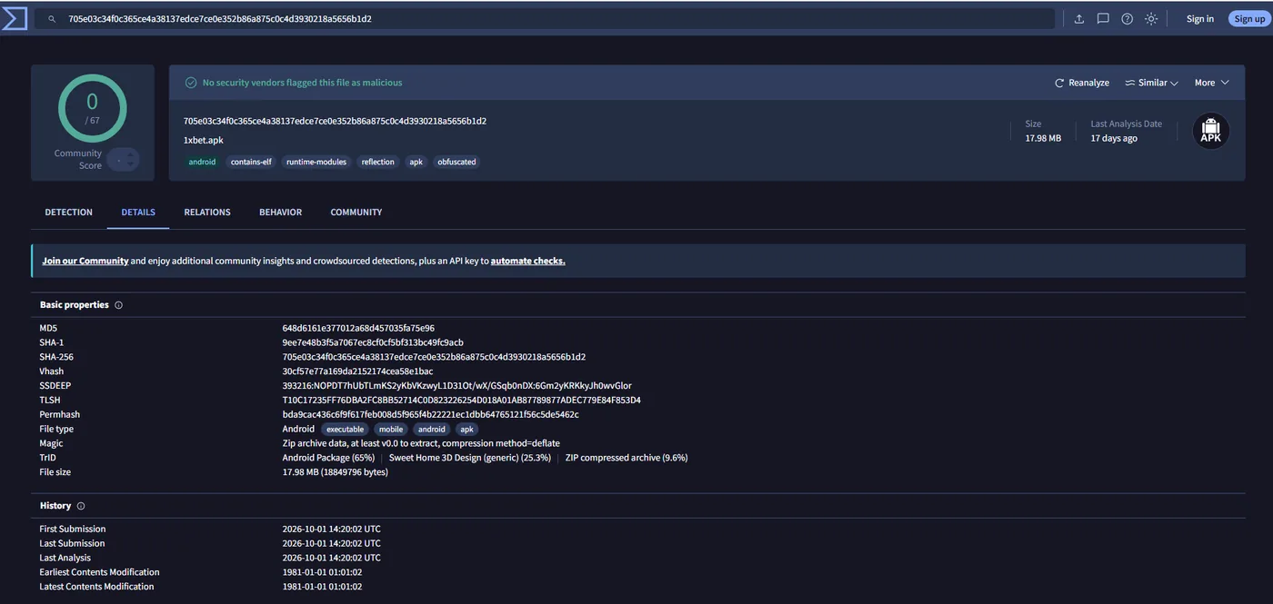 VirusTotal report for the 1xBet Lite APK with 0 of 67 detections and the SHA-256 hash 705e03c3...b1d2