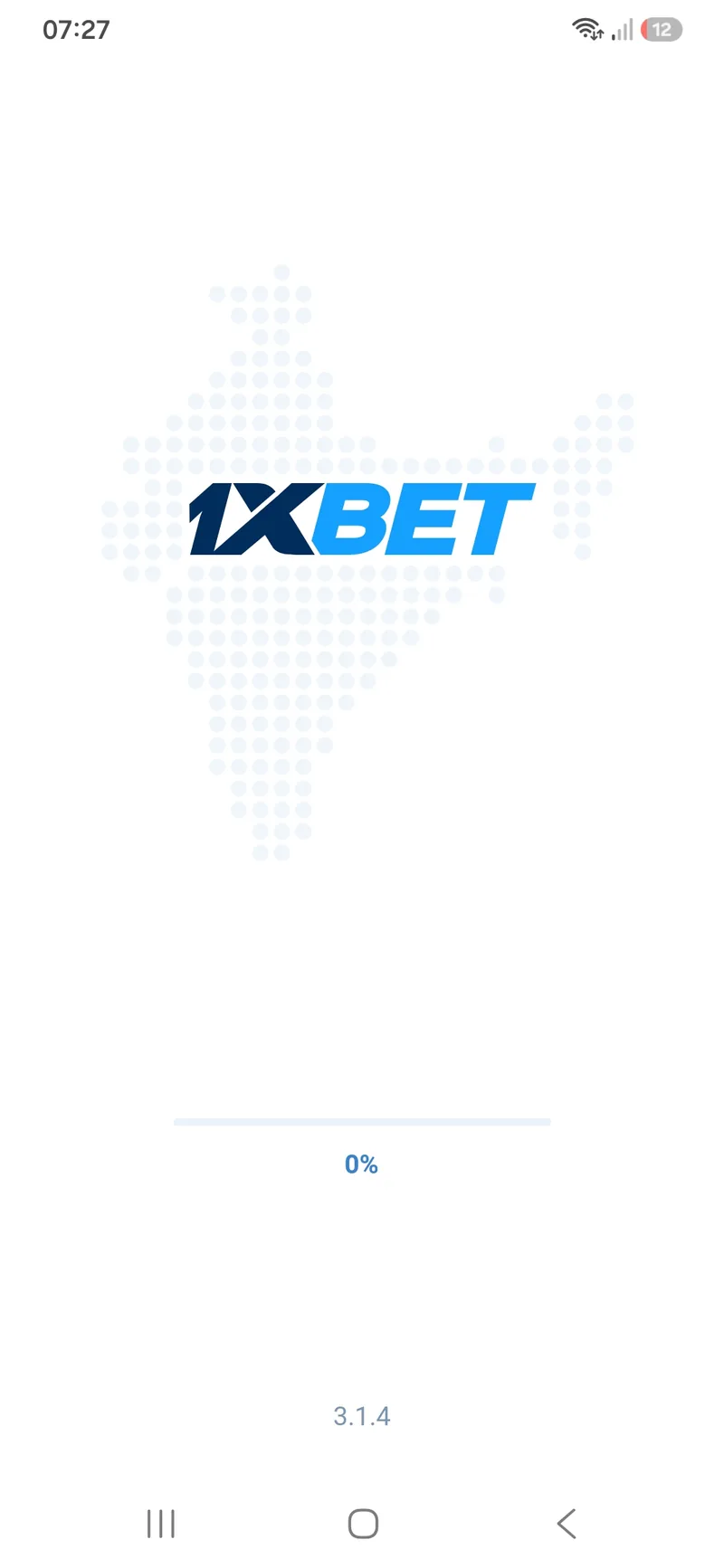 1xBet Lite Android start screen with the loading bar at 0 percent and version 3.1.4 at the bottom