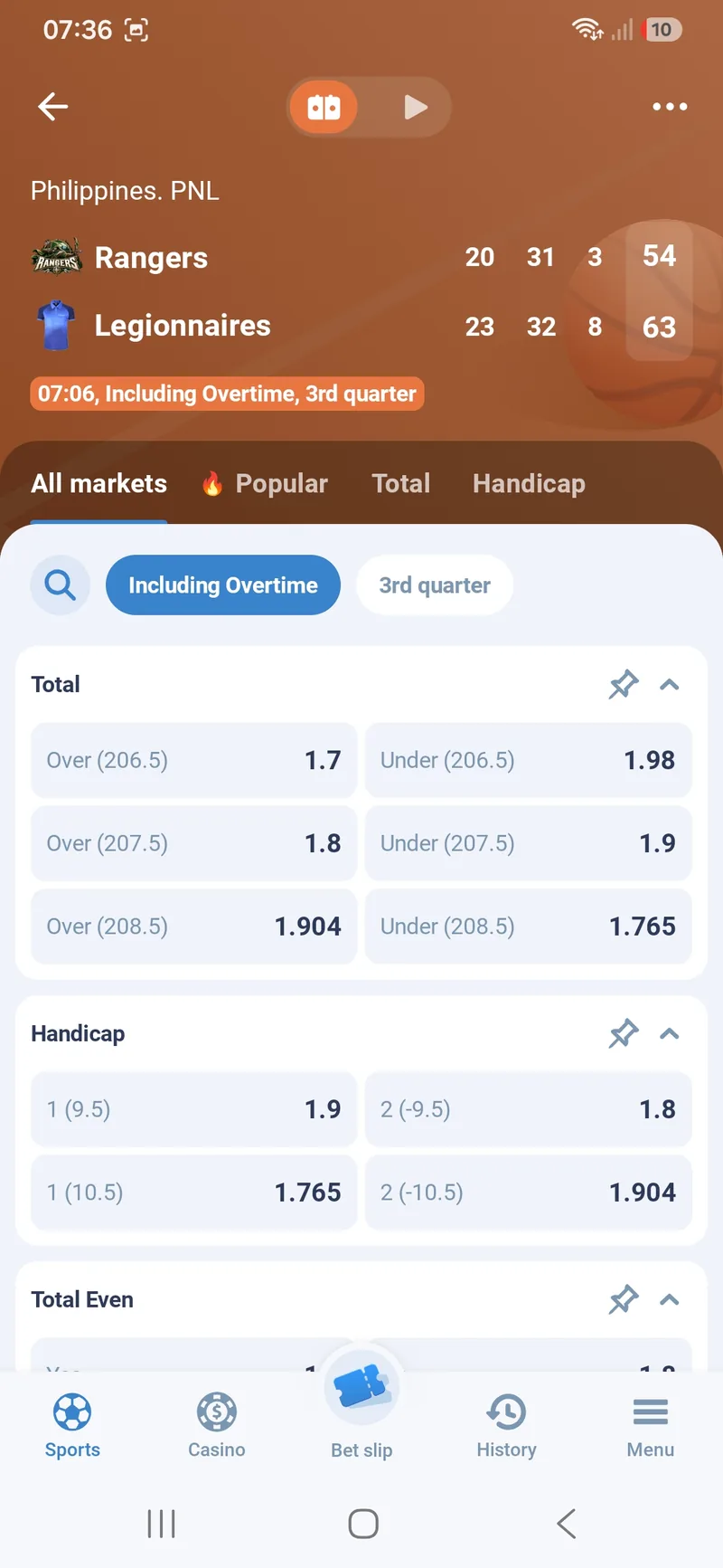 Match page of a Philippines PNL basketball game in 1xBet Lite with Total and Handicap markets including overtime
