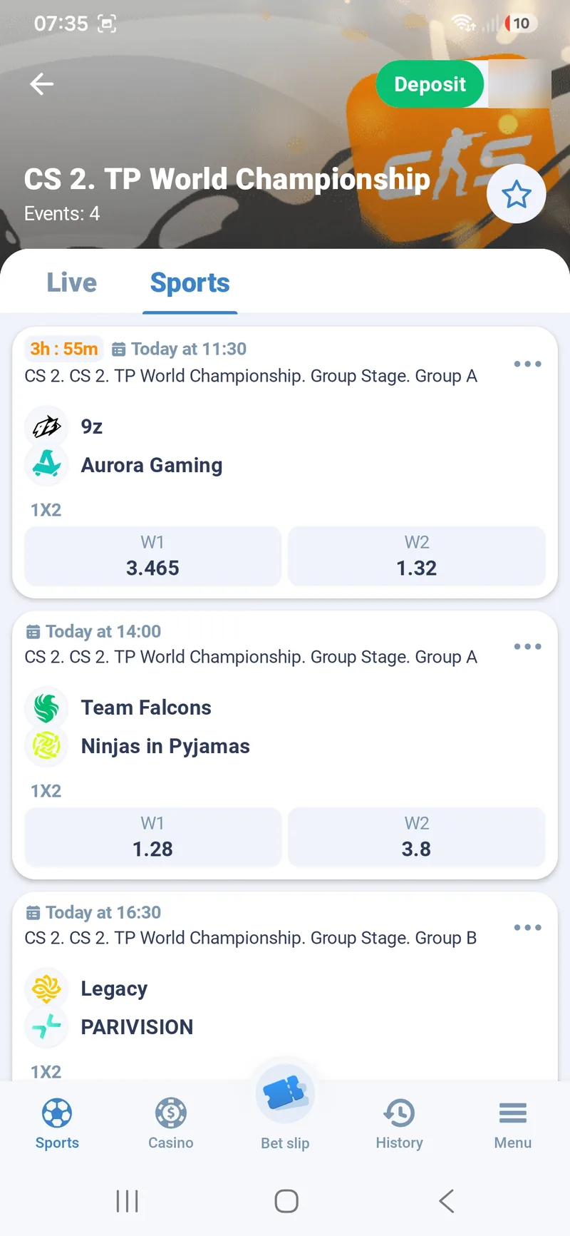 CS 2 TP World Championship pre-match list in 1xBet Lite with Group A and Group B fixtures and W1 and W2 odds