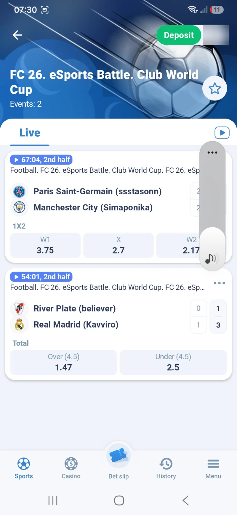 FC 26 eSports Battle Club World Cup page in 1xBet Lite with live matches and 1X2 and Total markets