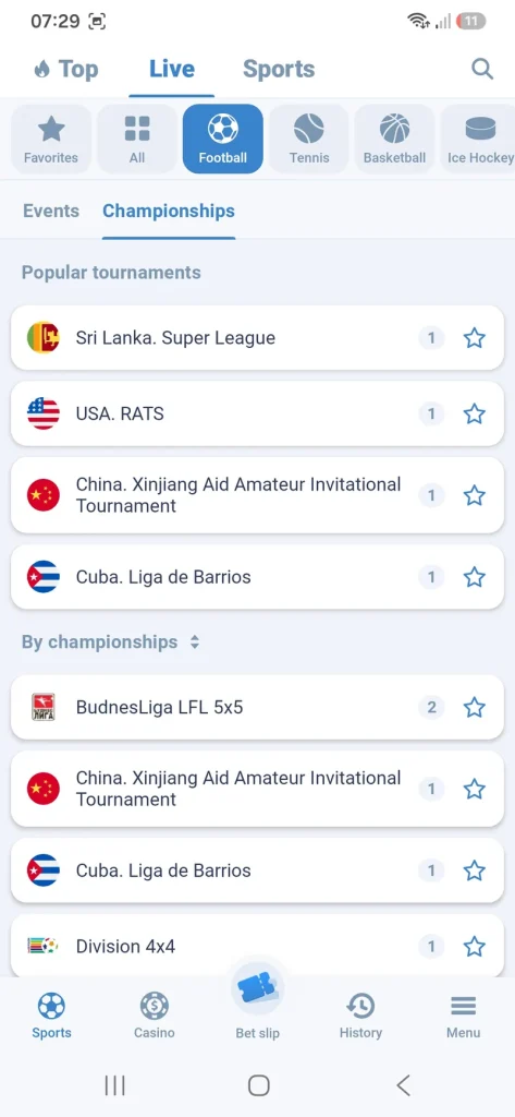 Football Live tab in 1xBet Lite listing popular tournaments such as Sri Lanka Super League and Cuba Liga de Barrios