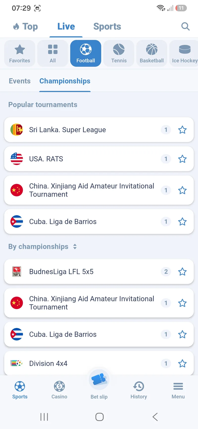 Football Live tab in 1xBet Lite listing popular tournaments such as Sri Lanka Super League and Cuba Liga de Barrios
