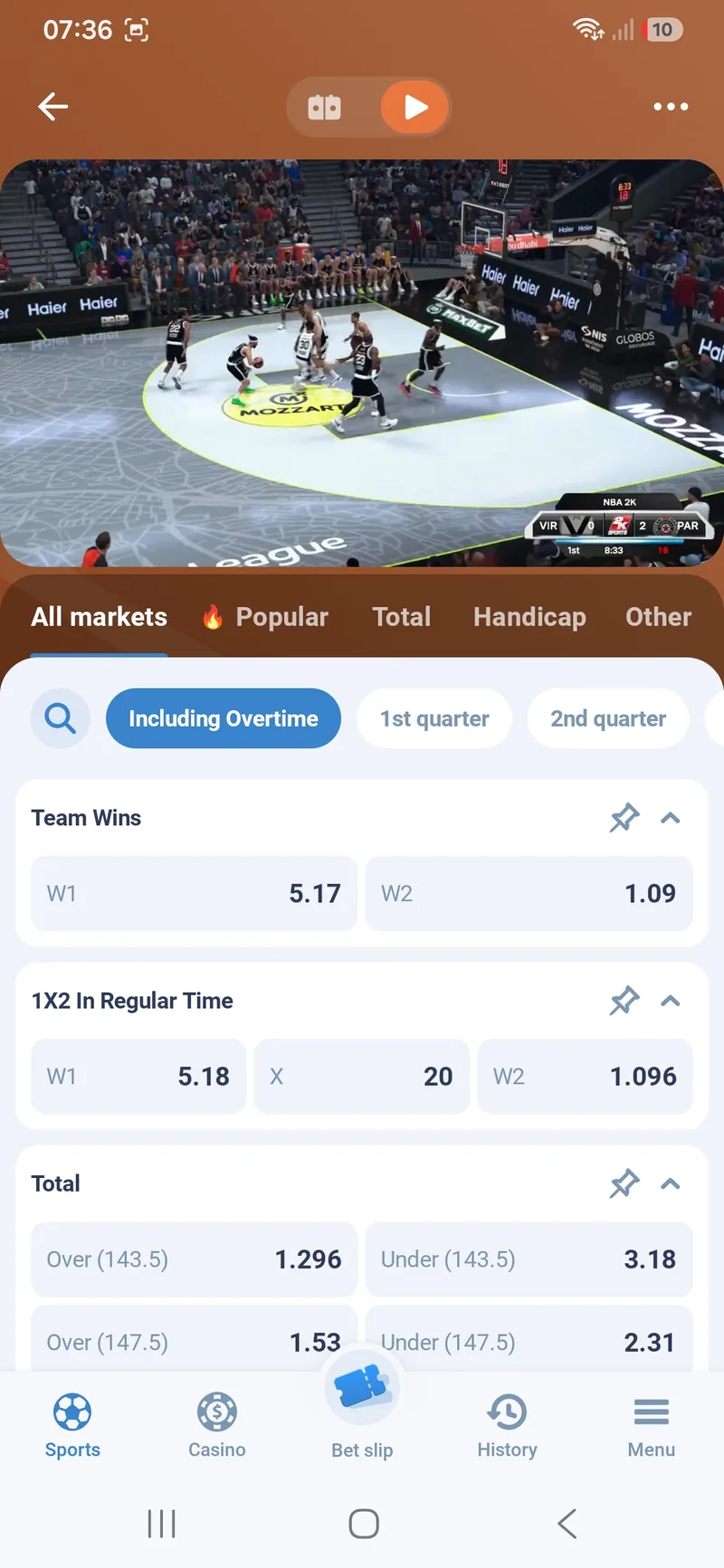 Live video of an NBA 2K26 Cyber Euro League match above the betting markets in 1xBet Lite