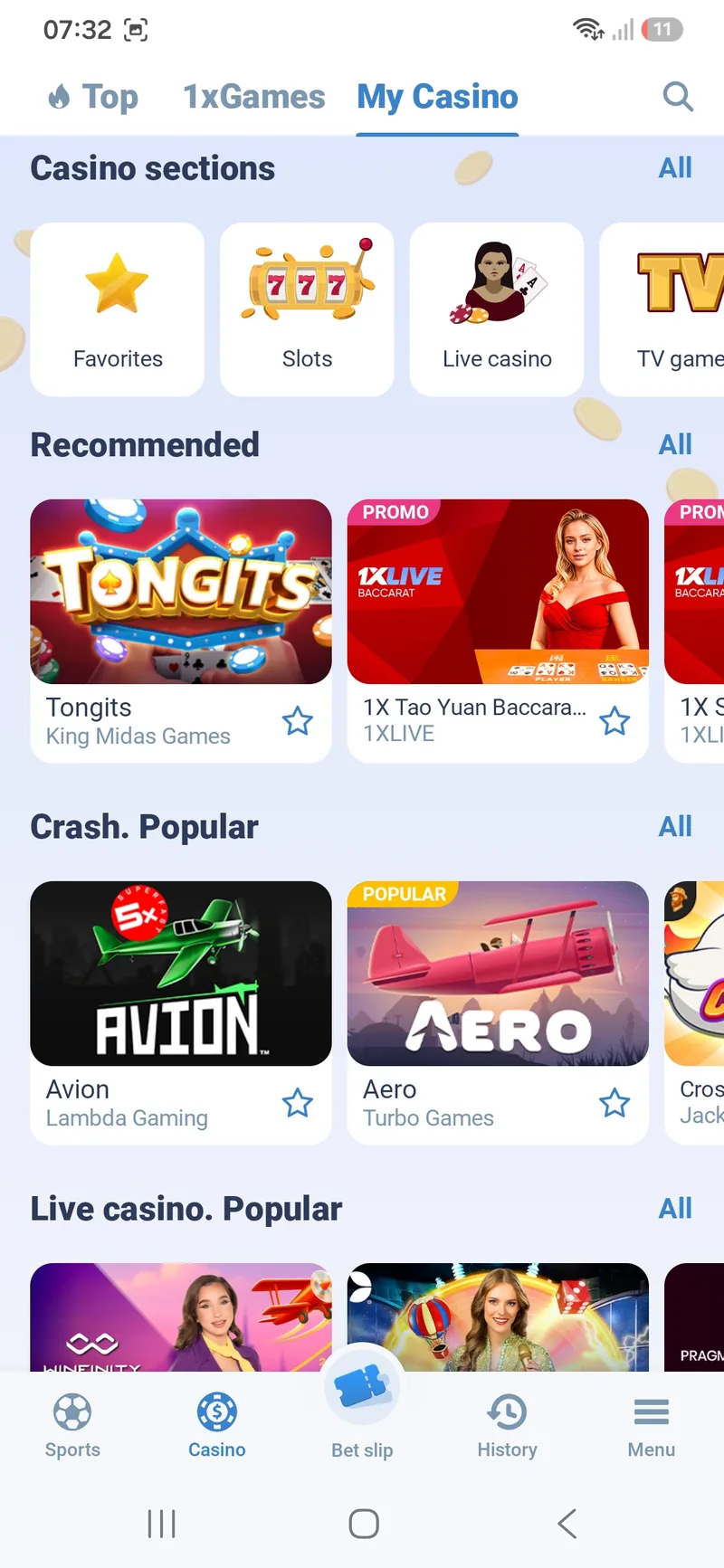My Casino tab in 1xBet Lite with casino sections, recommended games and the crash games Avion and Aero
