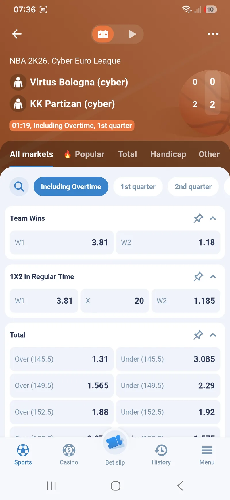NBA 2K26 Cyber Euro League match page in 1xBet Lite with Team Wins, 1X2 and Total markets