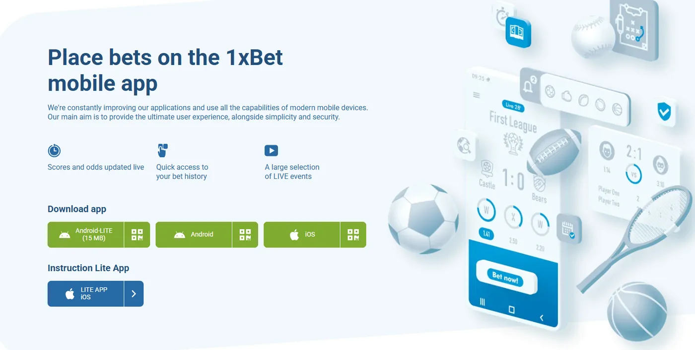 Official 1xBet India mobile app page with the Android-LITE 15 MB, Android and iOS download buttons