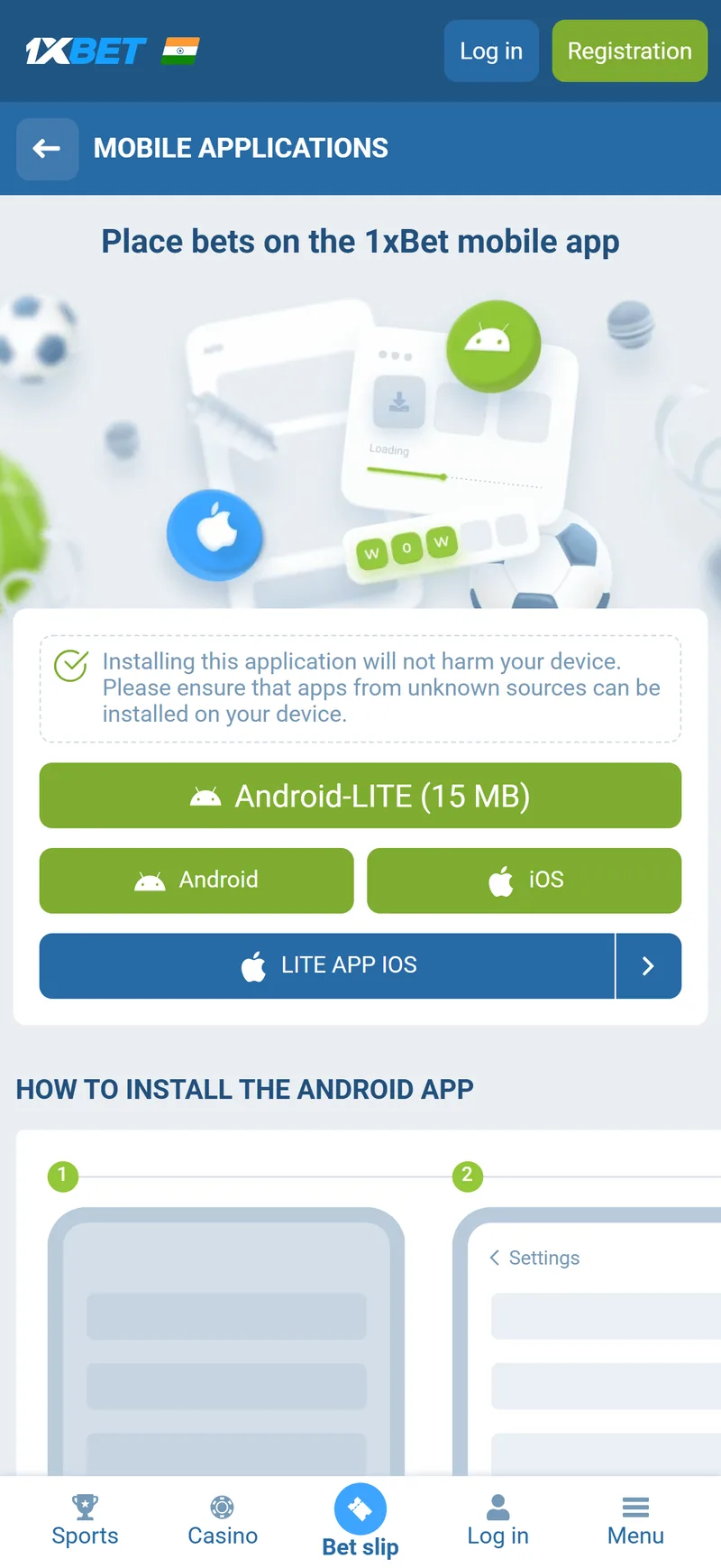 Mobile Applications page of the official 1xBet India site on a phone with the Android-LITE 15 MB button and an unknown sources notice