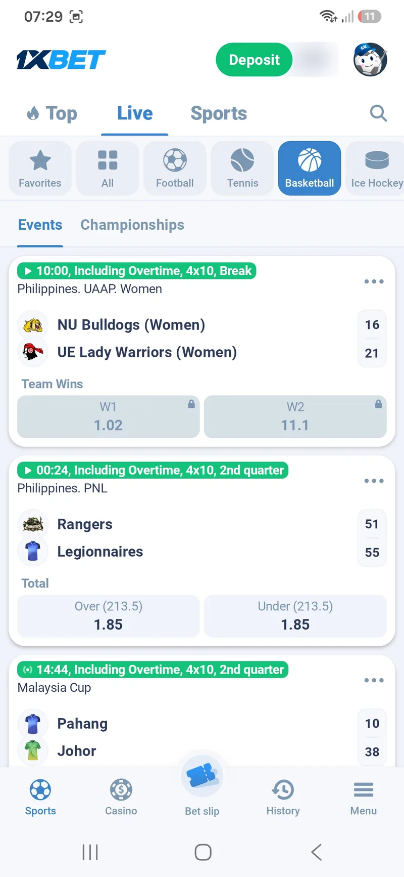 Live basketball list in 1xBet Lite with Philippines UAAP Women and PNL matches and Team Wins odds
