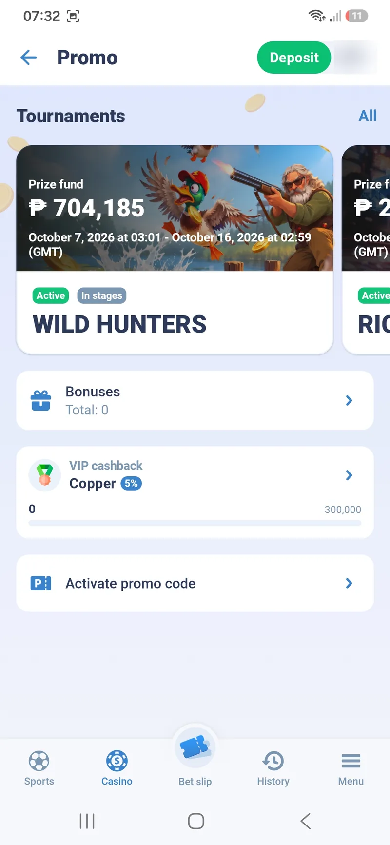 Promo tab in 1xBet Lite with a tournament prize fund in pesos, a bonus counter, VIP cashback Copper level and the promo code field