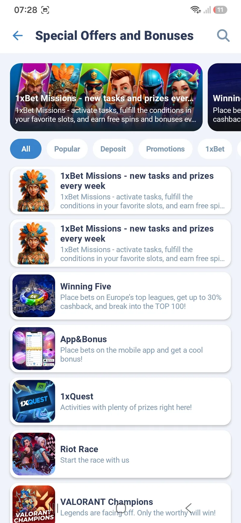 Special Offers and Bonuses list in 1xBet Lite with 1xBet Missions, Winning Five, App and Bonus, 1xQuest and Riot Race