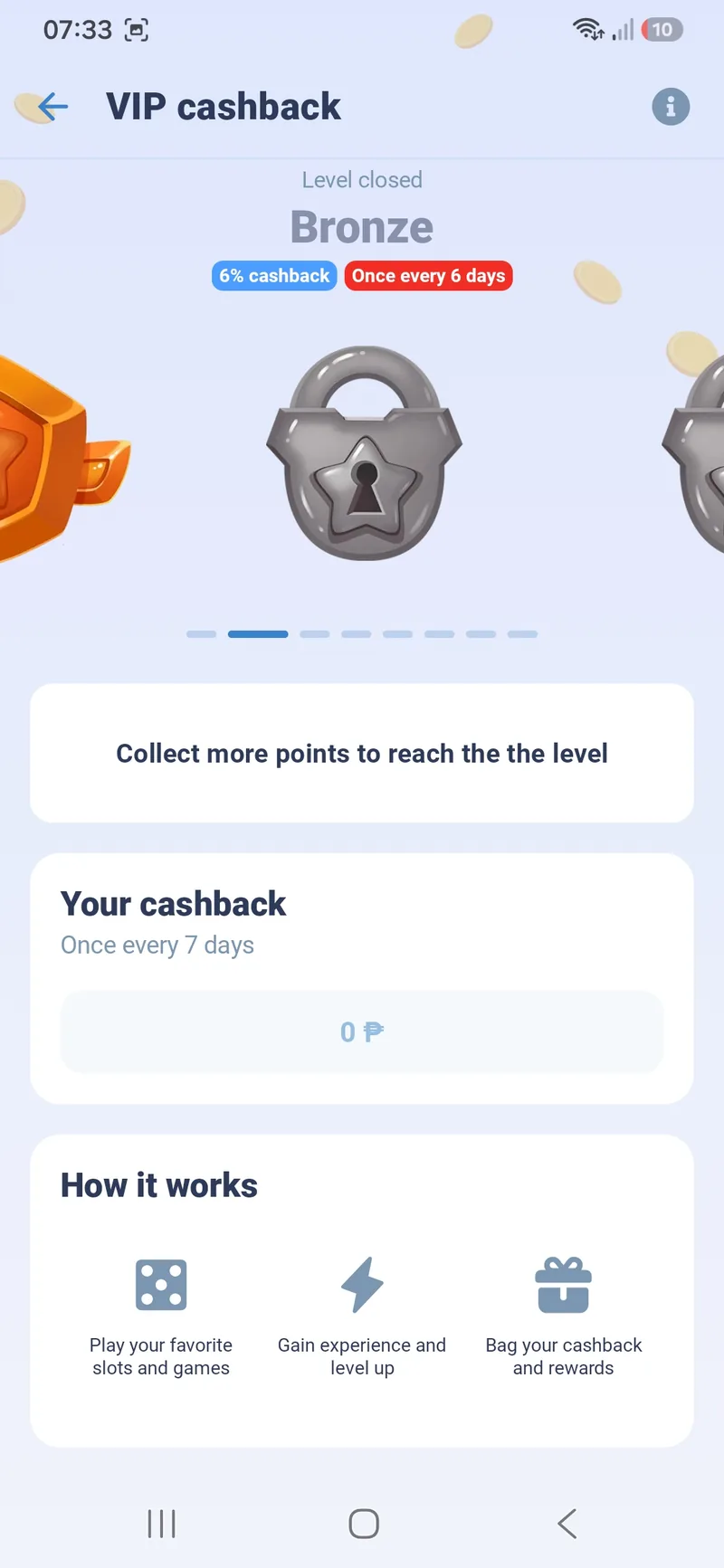 VIP cashback screen in 1xBet Lite with the locked Bronze level, 6 percent cashback once every 6 days