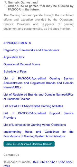PAGCOR website navigation listing the official List of PAGCOR-Accredited Gaming System Administrators and Registered Brands and Domain Names/URLs